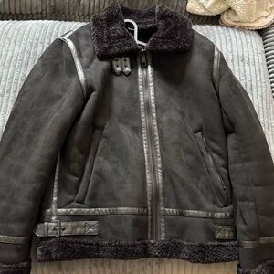 Zara Black Military Field Jacket with Shearling Lining